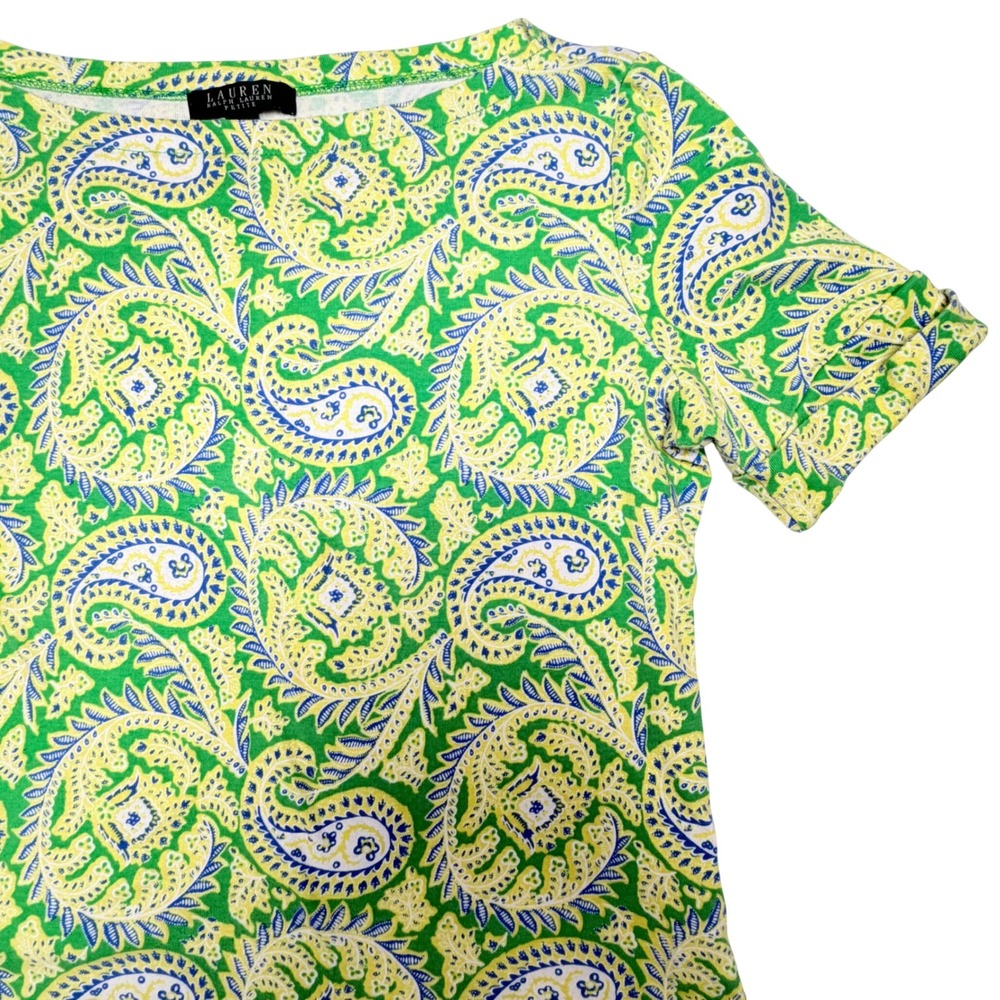 Lauren Ralph Lauren Green Paisley Boat Neck Cotton Petite Large Top Y2K Coastal - Picture 3 of 5